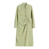 Femmes Green Great Taille Robe Shirring Col de remin-dow