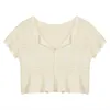 Elegant Hollow Out Wave Short Sleeve T-Shirts Summer Thin Knit Clothes Single-Breasted Top Cardigan Solid Blouses for Women 210525