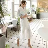 Autumn Winter Elegant Temperament Single-breasted Hook Flower Hollow Long Dress sleeve Pleated Mermaid 210520