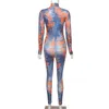 Tie Dye Tryckt Patchwork Fitness Long Jumpsuits Fashion Spring Turtleneck Sporty Wear Rompers Womens Bodycon Jumpsuit 210517