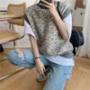 Leopard Stickad tröja Vest Women Sleeveless Polo koreanska Vintage Fashion Pullover Mujer 210.514