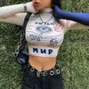 Automne Mode High Street Casual Serré Stretch Slim Crop Tops Femmes Funny Print Full Sleeve Stretch Slim Tee Shirt Mujer 210522