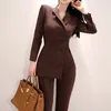Moda Ofis OL Kruvaze Kadın Tulumlar Bahar Uzun Kollu Düzensiz İş Giyim Çentikli Yaka Tulum Tulumları 210603