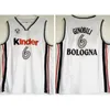 Manu Ginobili Jersey #6 Virtus Kinder Bologna 유럽 농구 유니폼 스티치 남성 흰색 Camiseta de Baloncesto Man Basketball Jersey