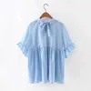 Femmes Robes Vintage Mignon Peter Pan Collier Bleu Ciel Blouse Chemises Papillon Manches Casual Blusas Femininas SB1070 210420