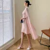 Pink Patchwork Dress For Women O Neck Long Sleeve High Waist Slim Midi Dresses Female Fashion Clothing Summer 210520