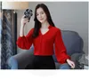 fashion women blouses long sleeve shirts red chiffon blouse shirt V-neck office work wear s tops and 0603 60 210506