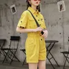 PERHAPS U Women Yellow Light Green Apricot Solid Rompers Short Sleeve Turn Down Collar Empire Rompers J0127 210529