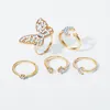 Set di anelli con strass a forma di farfalla geometrica della Boemia per le donne. Moda, metallo dorato, luna, apertura sottile, anelli per dita regolabili