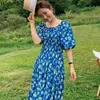 Słodka Szata Kobieta Vintage Kwiatowy Druku Niebieski Maxi Suknie Lato Krótki Rękaw Kobiety Chic Długie Vestidos 210519
