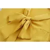 bowknot lace up yellow vintage chiffon dress women autumn winter long sleeve elegant casual ladies short 210427