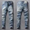 Europeisk vintage mode män jeans högkvalitativa retro ljusblå elastisk slank rippad koreansk stil casual denim byxor eg7o