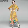 Outono moda floral impressão mulheres vintage maxi vestido de pista de manga longa cinto 210531