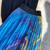 Haute qualité deux pièces robe ensembles femmes pull pulls peinture à l'huile imprimer jupes plissées femme Slash cou hauts en tricot 2 tenues 2021