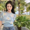 Neploe Knit Shirt Femme T-shirts Mode coréenne Fleur Crop Tops Summer Graphic Tee Harajuku T-shirt court Femmes Vêtements 210422