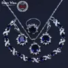 Silver Color Bridal Jewelry Sets Blue Stone CZ Earrings For Women Bracelet Rings Pendant Necklace Set Gifts Jewelry Box H1022