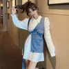 Nomikuma Onregelmatige Korea Vrouwen 2 stuk Pak Vintage Riem Slanke Taille Jeans Vest + Trekkoord Geplooid Puff Sleeve Blouse Sets 6E032 210427