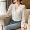 Elegant White Blouse Women Autumn V-Neck Lace Long Sleeve Top Crochet Flower Vintage Button Up Shirt Blusas 11907 210512