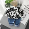 Lente herfst kinderen jongens cartoon panda kleding sets 2 stks jas jas denim broek peuter baby kinderen hooded kleding pakken H1023