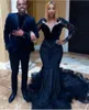 Sexy Black South African Mermaid Prom Dresses 2022 Lange Illusion Sleeves Tule Velvet Applique Kralen Avond Speciale Gelegenheid Cocktail Jurkjurken