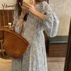 Yitimuceng Boho Floral Impressão Vestidos para Mulheres Oversized Moda Coreana Vintage Vestido Longo Azul Laranja Spring 210601