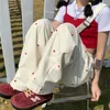 Houzhou Koreański Styl Kobiety Spodnie Sportowe Śliczne Szerokie Noga Moda Miłość Drukuj Jokery Spodnie Kobiet Harajuku Spodnie dresowe Beżowy 211115