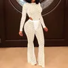 Mesh See-through Printed 2 Pcs Set O-neck Long Sleeve Bodysuit Tops + Bandage Flared Pants Skinny Outfits Suits Party Club Wear 210517