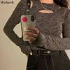 Sexy Hollow Out Shirt Women Spring Korean Long-sleeve Fake Two-piece Tees Fashion Casual Knitted Tops 4l081 210519