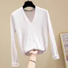 T-shirt in cotone con scollo a V da donna Camicia a maniche lunghe solida Donna Autunno che tocca il fondo Abiti da ufficio sottili in stile coreano 10480 210527