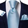 Bow Ties Light Blue Solid Silk Wedding Tie For Men Handky Cufflink Mens Necktie Set Fashion Designer Business Party Drop Hi-Tie