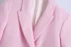 Été femmes doux Double boutonnage col cranté rose Tweed laine court Blazer manteau Vintage femme survêtement Chic hauts 210514