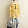 Johnature O-Boyun Bayan Yaka Tops Yaz Kore Gevşek Üç Çeyrek Kol Çiçek Baskı Rahat Rahat T-Shirt 210521