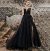 우아한 검은 색 A- 라인 웨딩 드레스 2024 O-Neck 레이스 아플리케 코르셋 슬리빙 등리스 스플릿 코트 기차 신부 가운 멍청이 De Noiva Curto Robe Mariee