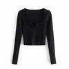 Spring Women Square Collar Black Stickning Short T Shirt Casual Femme Långärmad Slim Crop Tops T1390 210430