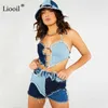 Liooil Patchwork Cotton Tassel Sexig denim Shorts Women Mid midja Summer Streetwear Pockets Color Block Skinny Jean 210714