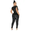 Kobiety Sexy Jumpsuits V Neck Cekiny Mesh Bodycon Długie Spodnie Party Pracy