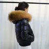 Large Real Raccon Fur Hooded Waterproof Winter Puffer Jacket Women Slim 90% Duck Down Coat Short Shiny Female Feather Down Parka 211023