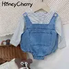 Baby Spring Romper Set Stripe T - Koszulka Denim Dziewczynka Outfit Set 210515