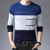 Outono inverno pulôver homens rodada coleira listrada blusas de algodão slim fit puxar homme knitwear 211008