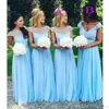 2021 Sky Blue Bridesmaid Dresses Scoop Neck Cap Sleeves Pearls Beaded Chiffon Floor Length Maid of Honor Gown Country Wedding Party Wear Dress