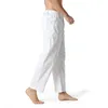 Pantaloni in lino di cotone bianco Pantaloni da yoga leggeri allentati casual da uomo Spiaggia estiva lunga da uomo con bottone con coulisse Fly 210715