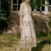 PERHAPS U Apricot Square Collar Mesh Mori Floral Complicated Embroidery Short Sleeve Beach Holiday Midi Dress Summer D2423 210529