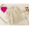 Girl Lace Dress Peter Pan Collar Manga Longa Loose Bege Princesa Crianças Roupas E9039 210610