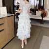 White Elegant Dresses Women Summer Slim High Waist Square Collar Printed Vestidos Silk Vintage Party Dress For Woman Clothing 210603