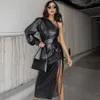 Ocstrade Sexy One-Shoulder Bodycon Dress Women Asymmetrical Black Autumn Winter Club Night Party 210527