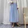 Surmiitro vår sommar långa pläterade kjolar Kvinnor Koreansk stil Elegant Blå estetisk Hög midja Midi Skirt Kvinna 210712