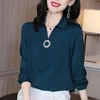Koreańskie koszulki jedwabne kobiety z długim rękawem Kobieta satynowa bluzka topy fałszywy krawat Top Blusas Mujer de Moda Verano 210427