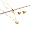 Moda borboleta colar estilo bonito pingente colares brincos conjuntos de aço inoxidável cadeias de jóias conjunto de ouro rosa
