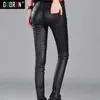 Zimowe Ciepłe Panie Moda PU Spodnie Kobiety Czarny Faux Leather High Paist Harem Slim Ołówek Spodnie Stopy Pantalon Femme 210519