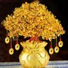 19cm Natural Crystal Tree Money Tree Ornaments Bonsai Style Wealth Luck Feng Shui Ornaments Home Decor(with Gold Coins and Base) 210727